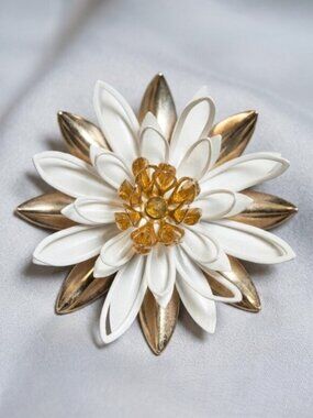Enamel Flower Brooch Vintage White Gold Tone Layered Petal Floral Pin 2.75 inch
